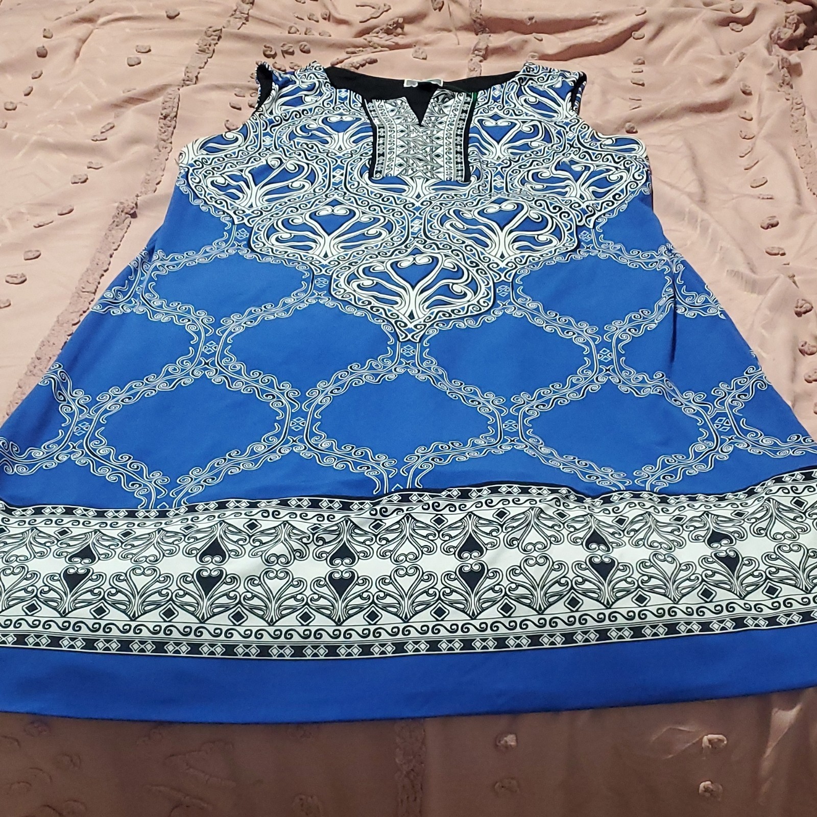 JM Collection Blue White Black Geometric A-Line Dress V-Neck Sleeveless Knee L