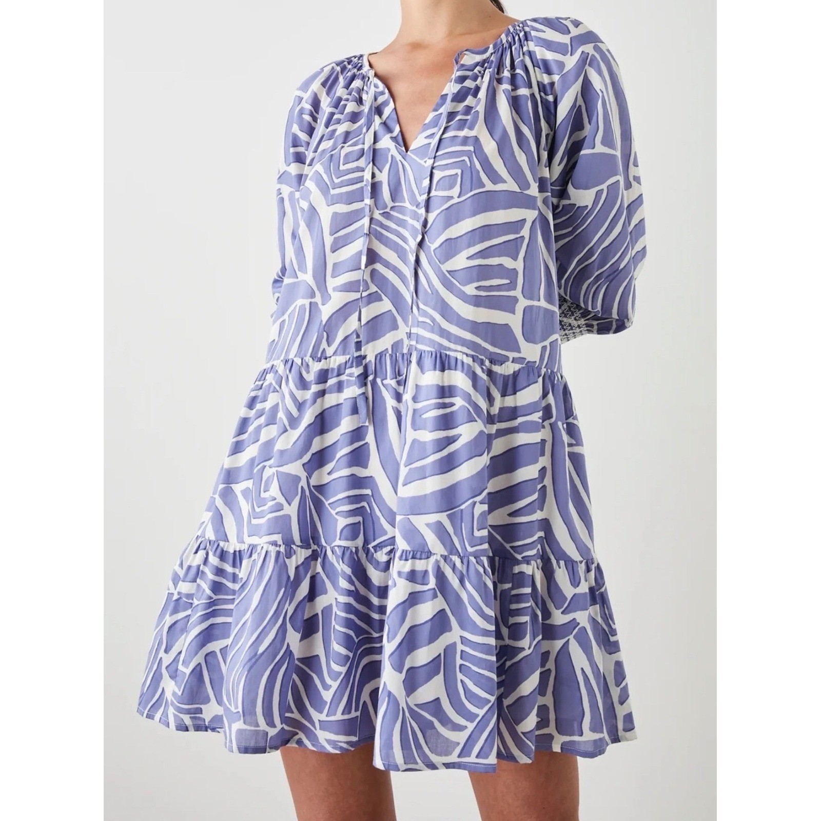 Rails SIA Island Waves Blue White Cotton Tiered Sundress Dress 3/4 Sleeves Large