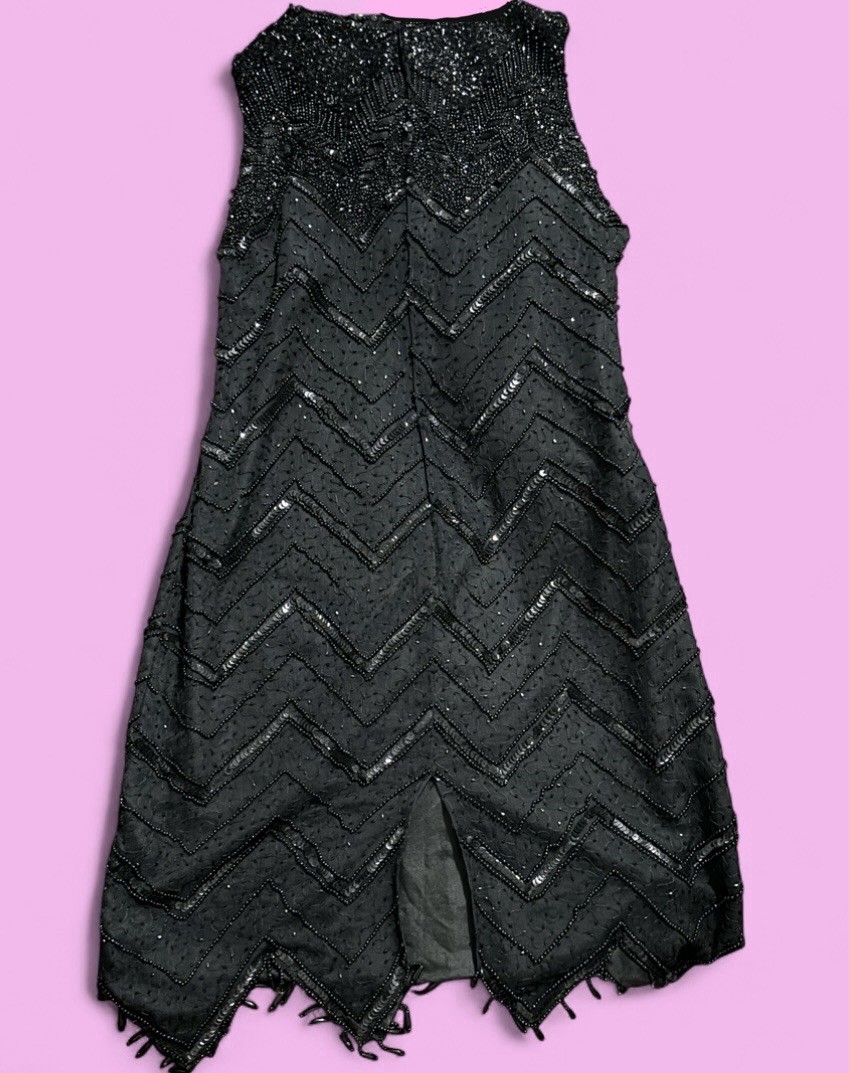 Stunning Black Beaded Sequin Art Deco Style Shift Dress Sleeveless Vintage