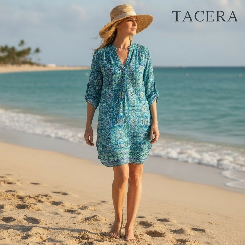 Tacera Blue Green Paisley Tunic Dress/cover-up Coastal Chic Grandma BOHO Size M