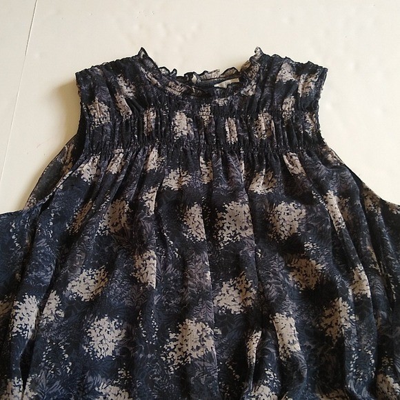 Joie Batlic Navy Blue Floral Chiffon Smocked High Neck Sleeveless Shift Dress