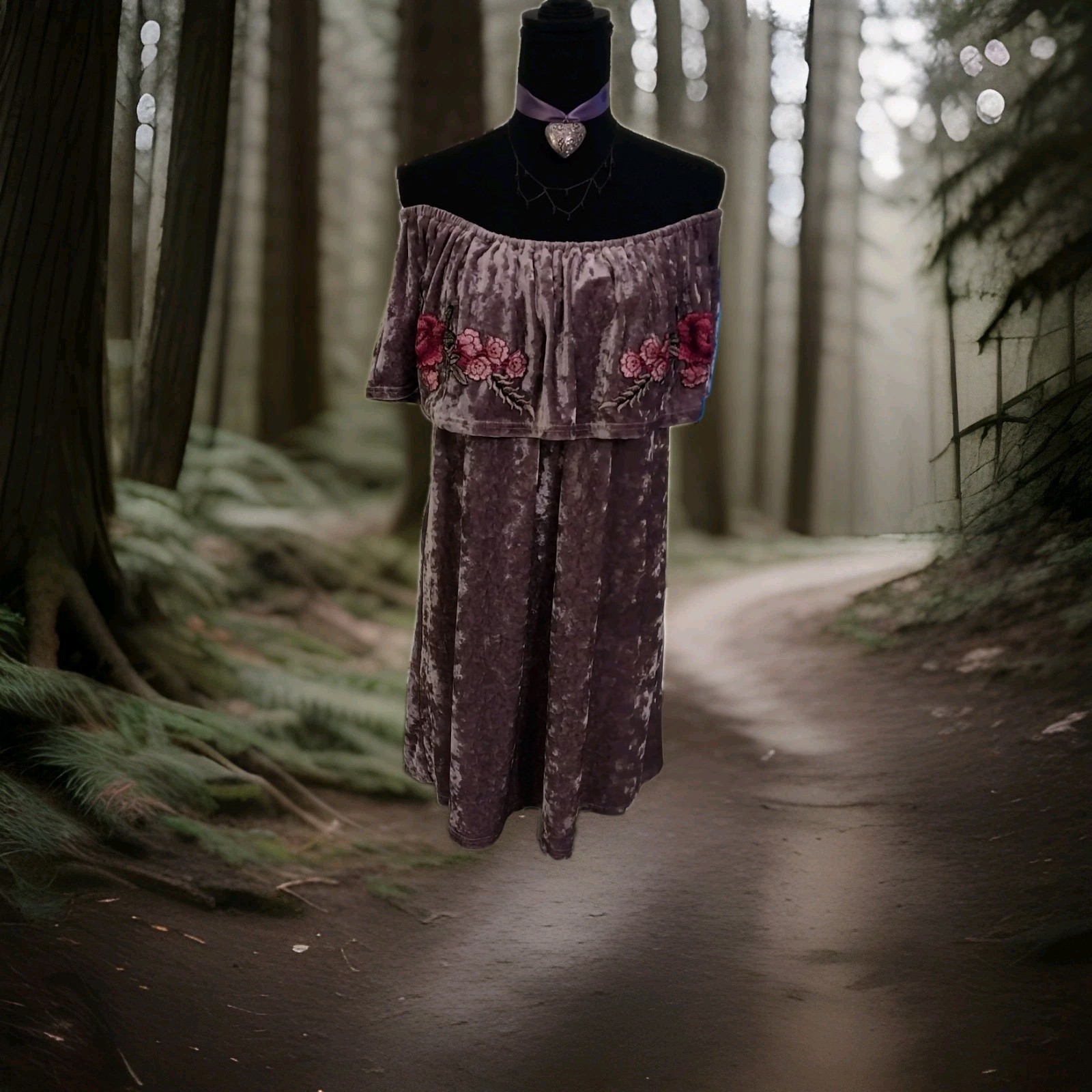Whimsi-Goth Fairy-Core Velvet Flower Applique Off Shoulder Moody Violet Dress