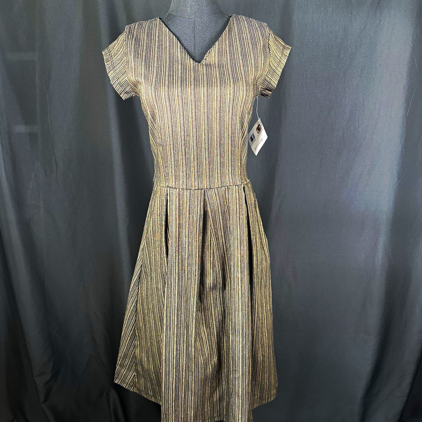 1950s Inspired Junie Blake Fit and Flare Black/Gold striped V Neck, Cap Sleeve
