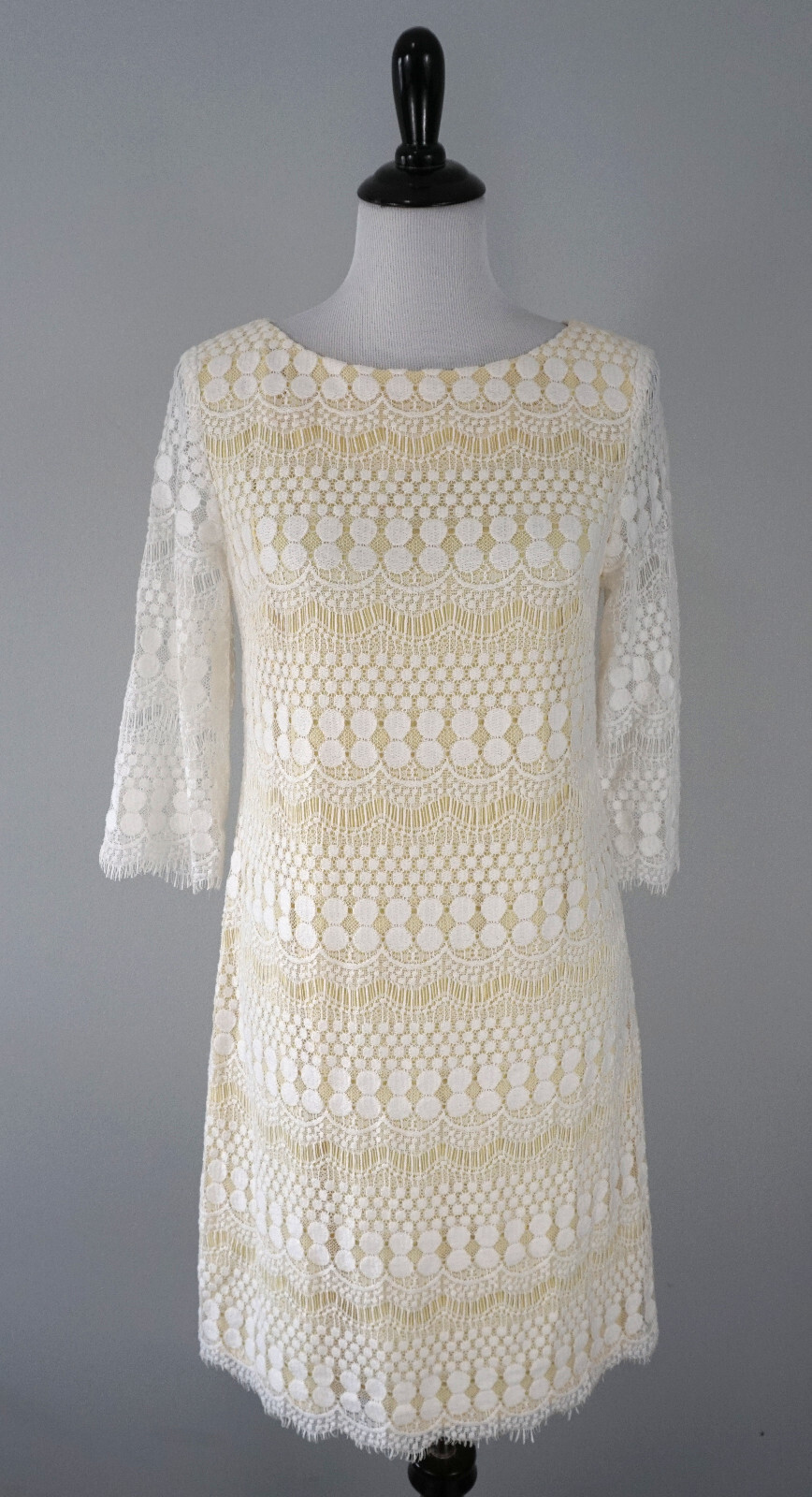Jessica Howard White Yellow Knit Lace 3/4 Sleeve Shift Sheath Dress Size 10