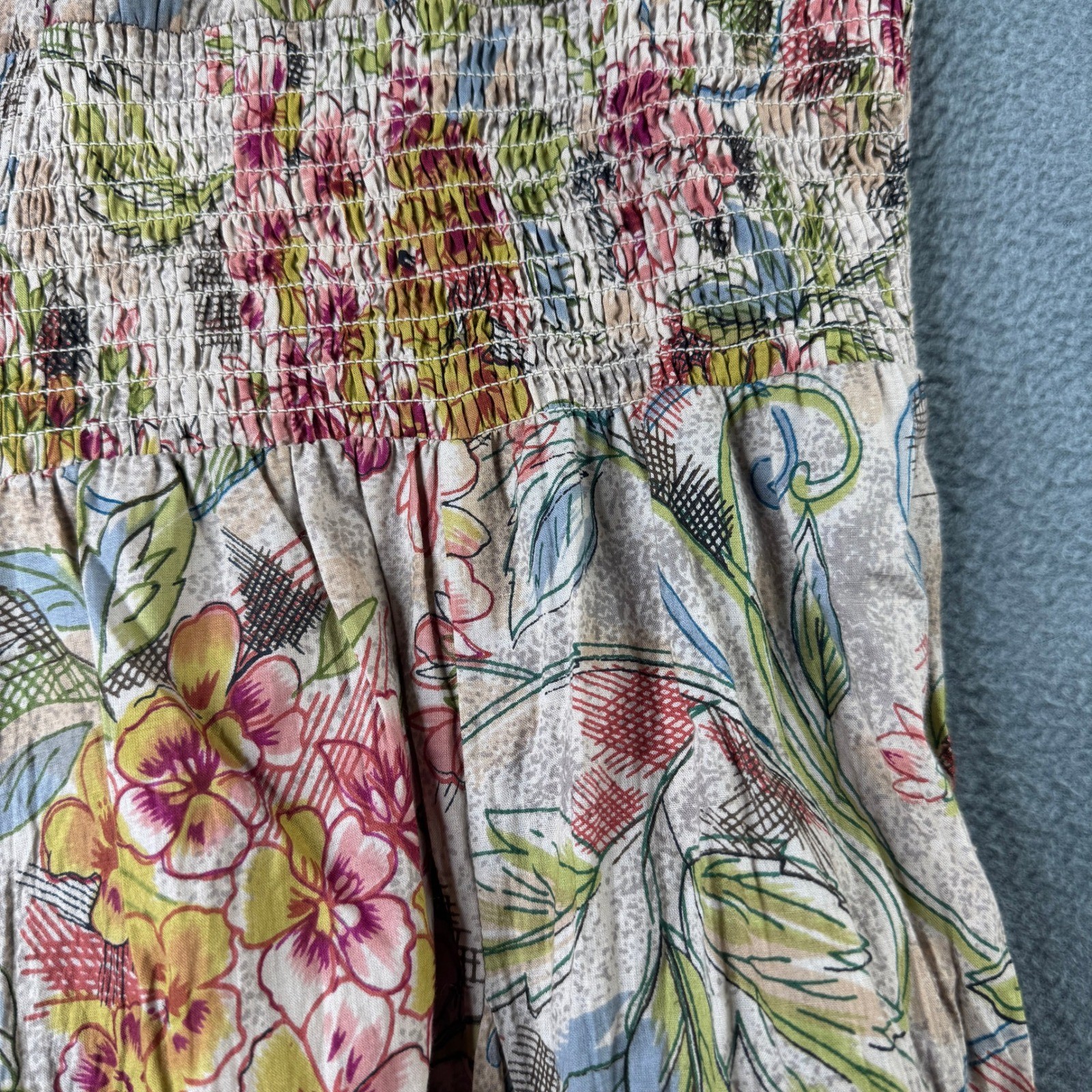 Phool Womens Size XL Floral 100% Cotton Smocked Waist Crinkle Skirt Midi Dress