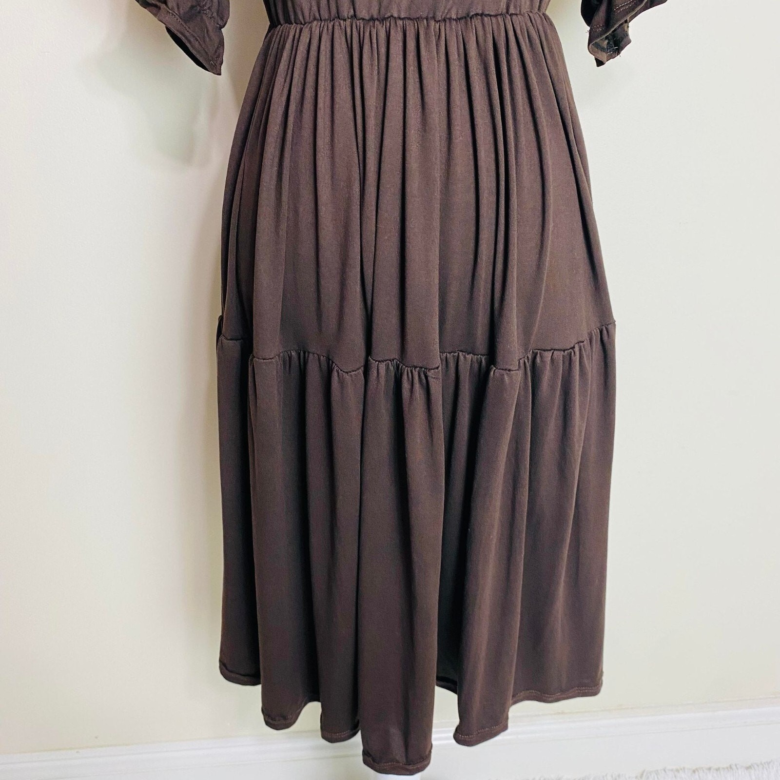 Puff Sleeve Square Neck Long Dress for Women, Fits Small to Medium,Brown