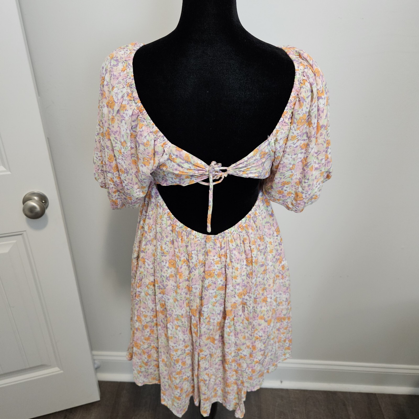 MINKPINK Versailles Puff Sleeves Square Neck Floral Pink Mini Dress Size Small