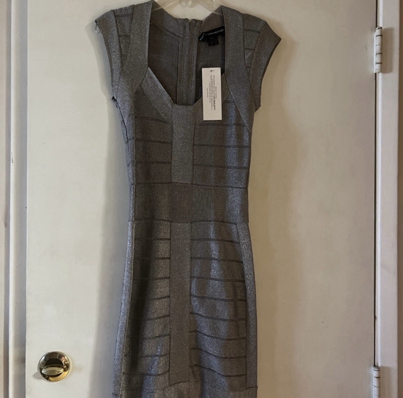 French Connection Gray Solid Bandage Bodycon V-Neck Knee Dress, Size xs