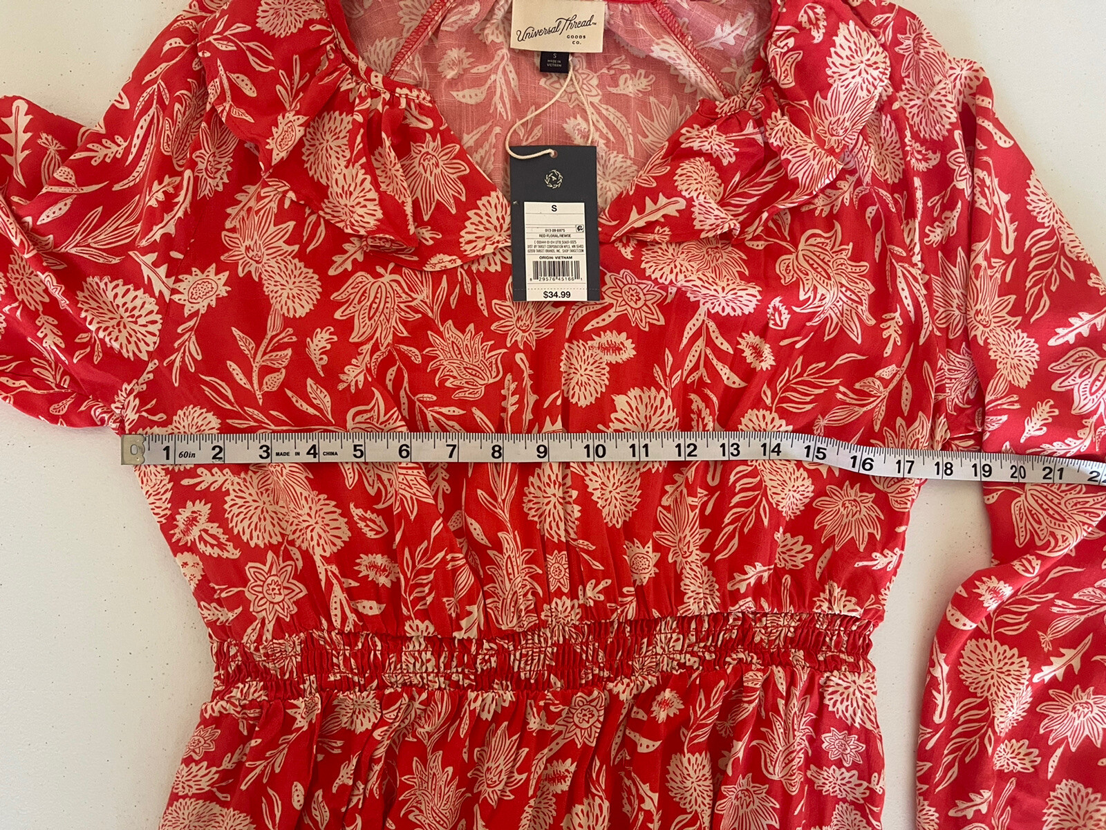 Universal Thread Women’s Red/White Floral V-Neck Long Sleeve Ruffeled Dress s S