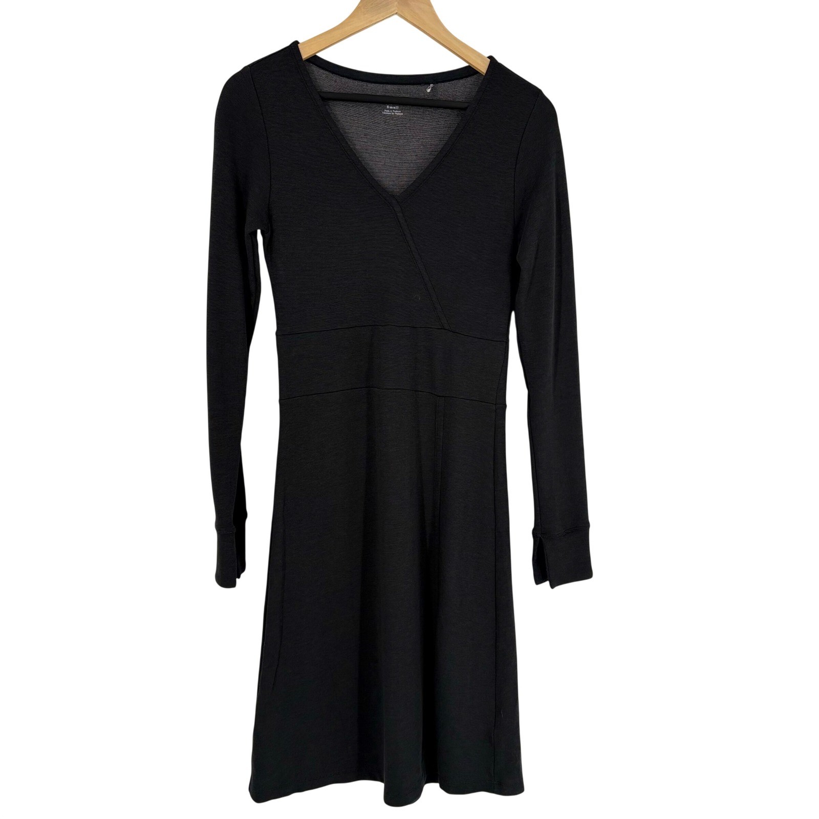 Toad&Co Womens Faux Wrap Midi Dress Black Stretch Micro Stripe Outdoor Pocket