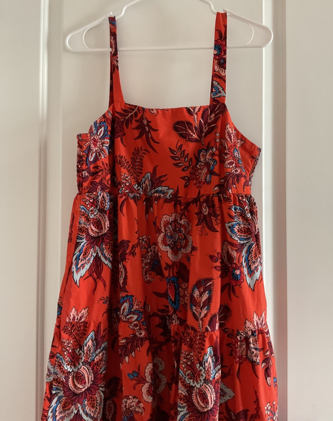 Large Rhode for Target Red- Orange Floral Resort 100% Cotton Tiered Midi Dress