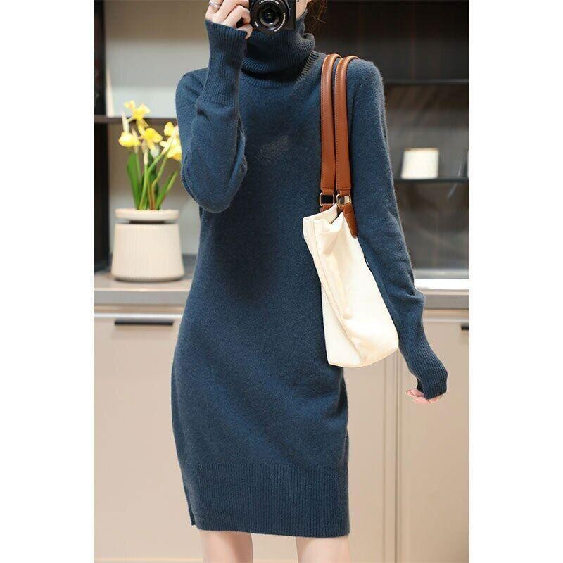 Knitted Cashmere Sweater Women Wool Turtleneck Long-Sleeve Slim Mid Length Dress