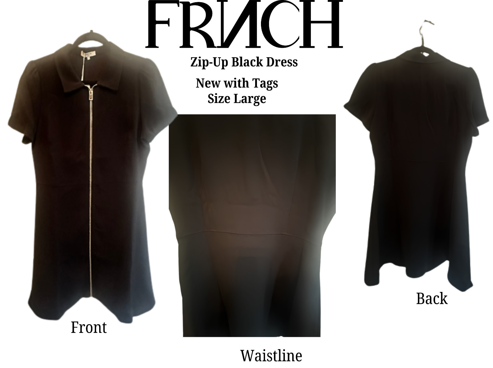 FRNCH Paris Boutique Black Zip Front Fitted Mini Dress NWT- SZ L very fitted Med