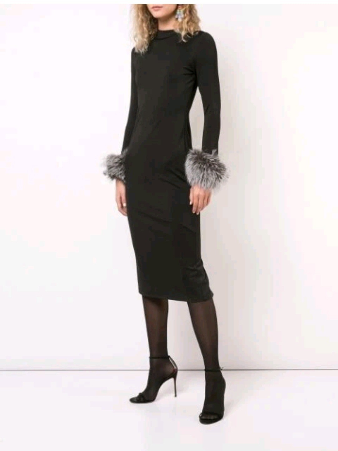 ALICE + OLIVIA Delora Fox Fur-cuff Sleeve Black Midi Dress. Size 4 $550