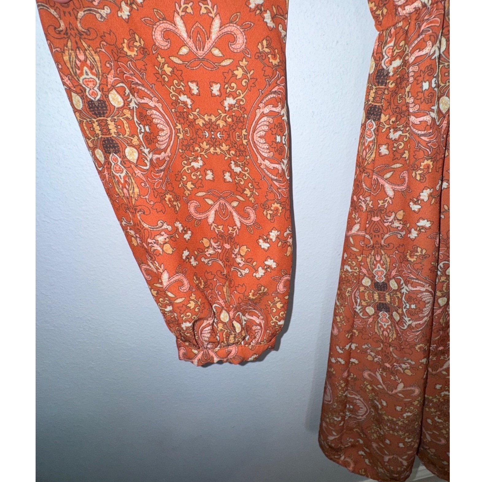 Womens Rust Orange Whimsigoth, Cottagecore Paisley Long Sleeve Mini Dress Small