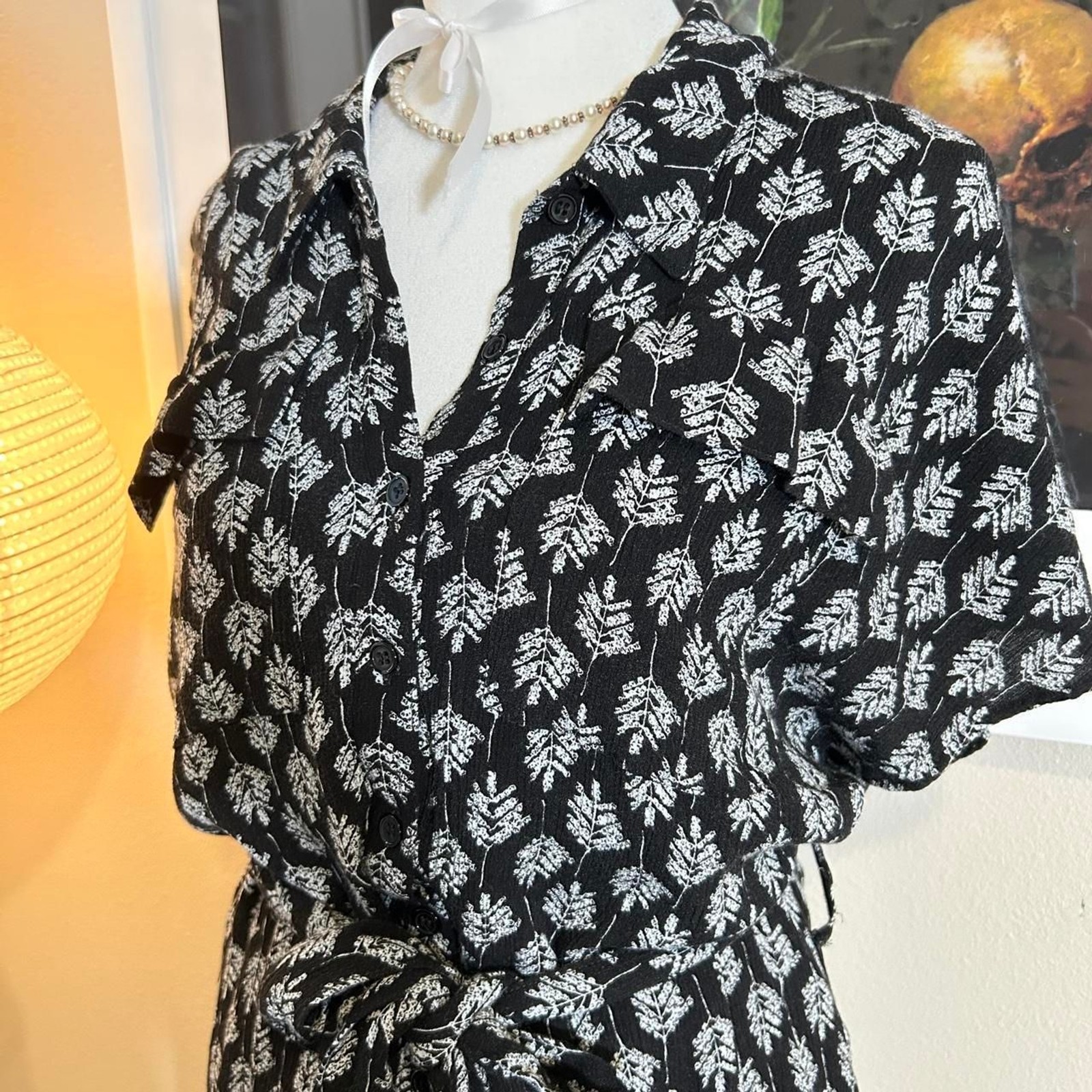 Ethereal black & white leaf print button up dress L