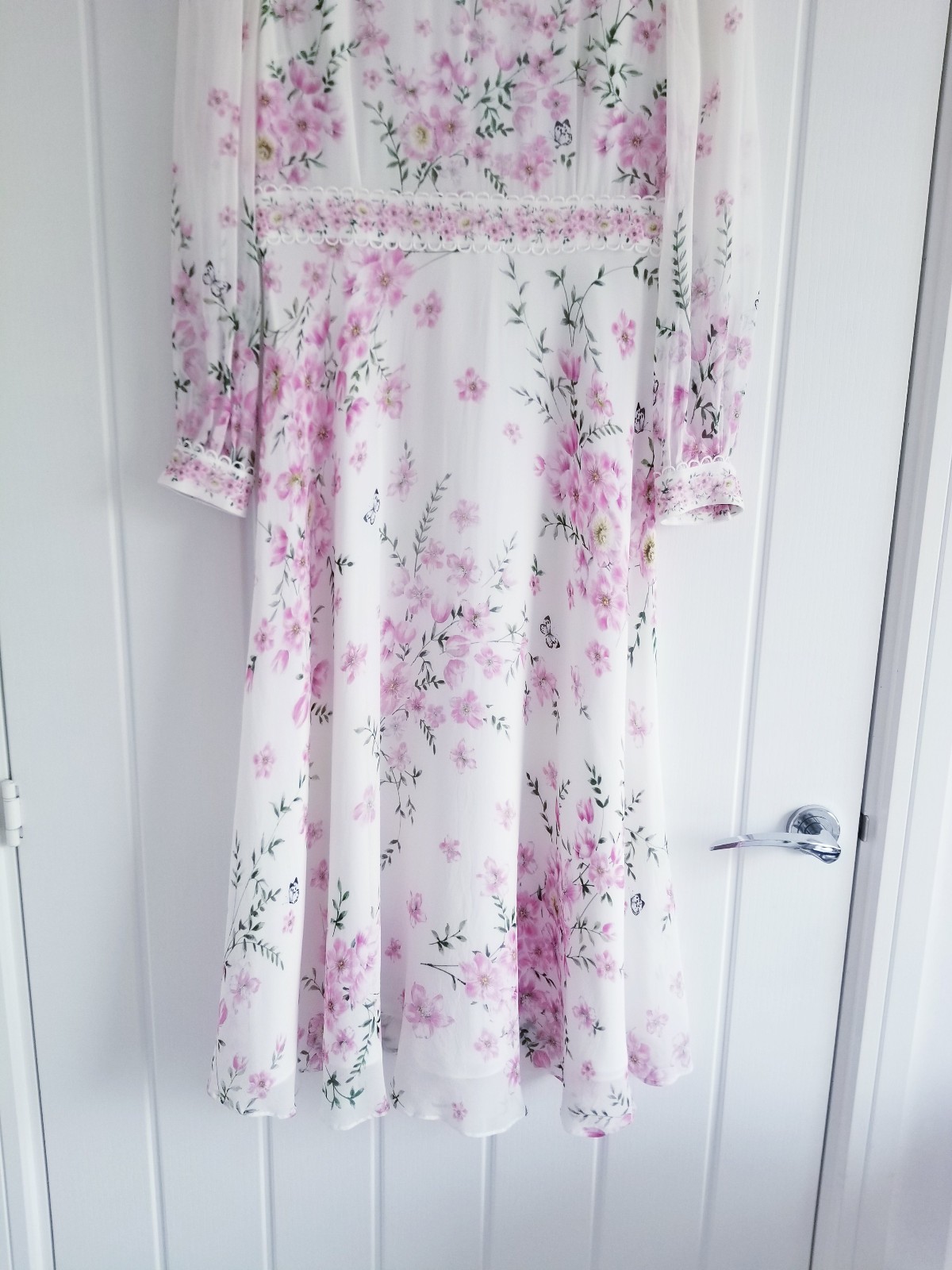 Hobbs Skye Floral Print Pure Silk Midi Dress Ivory Pink Size UK 10 Petite (8-10)