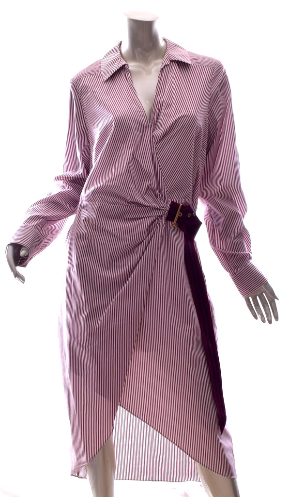 VERONICA BEARD Shirt Dress Siz 14 Jacinda Striped Burgundy/White Wrap Belted New