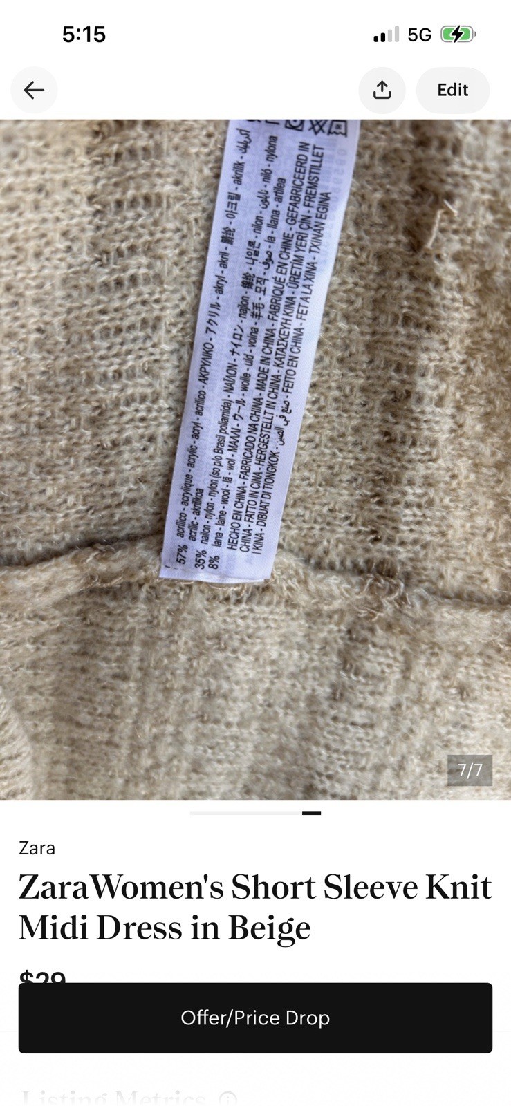 Zara S Beige Solid Textured Knit Sweater Dress Midi Round Neck Short Sleeve