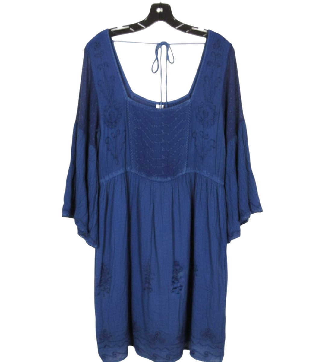 J GEE Navy CREPE Smock BELL SLEEVE Floral Detail LACE TRIM Boho MINI SKIRT Sz 1X