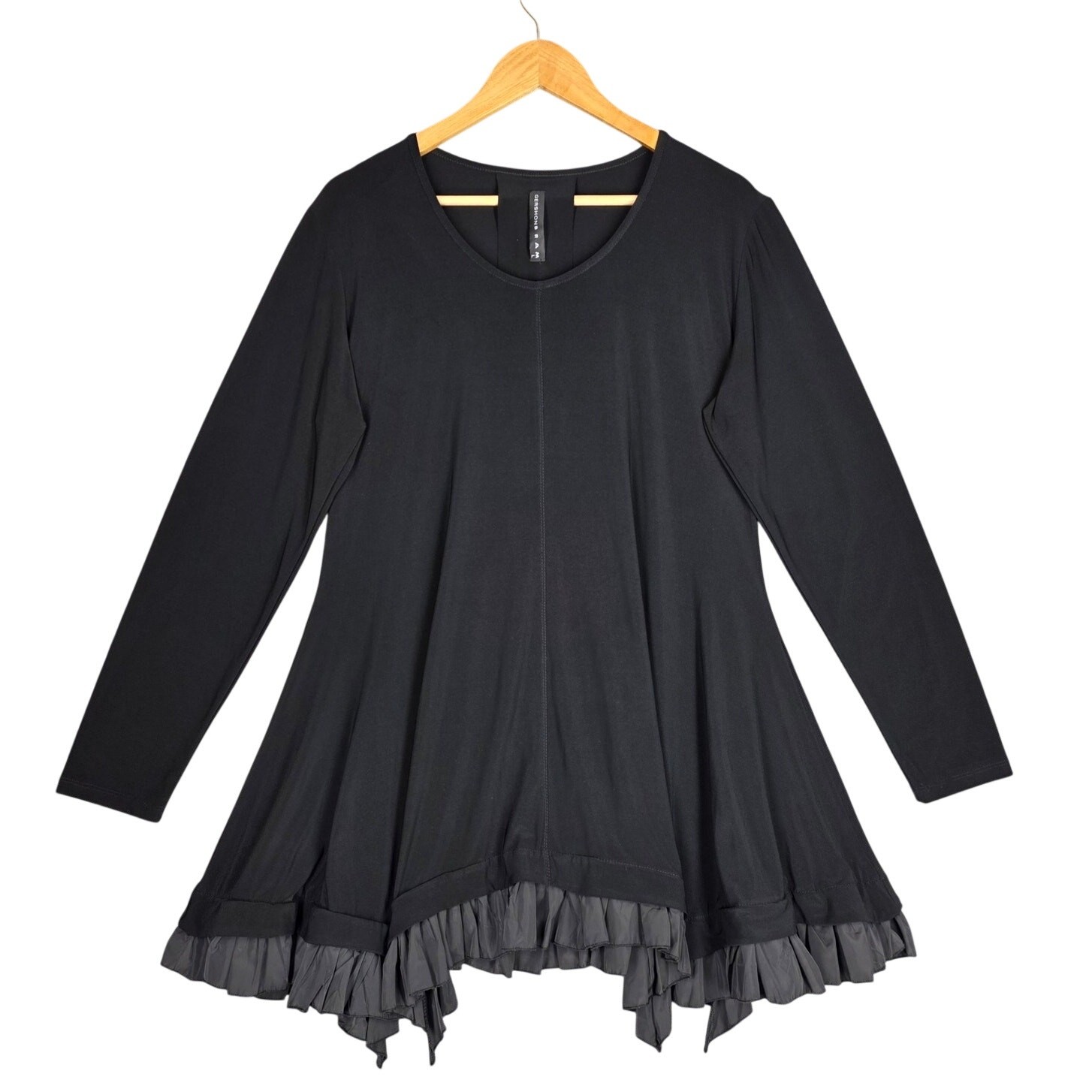 GERSHON BRAM WOMEN’S ASYMMETRICAL RUFFLE‑HEM TUNIC DRESS – BLACK – SIZE LARGE