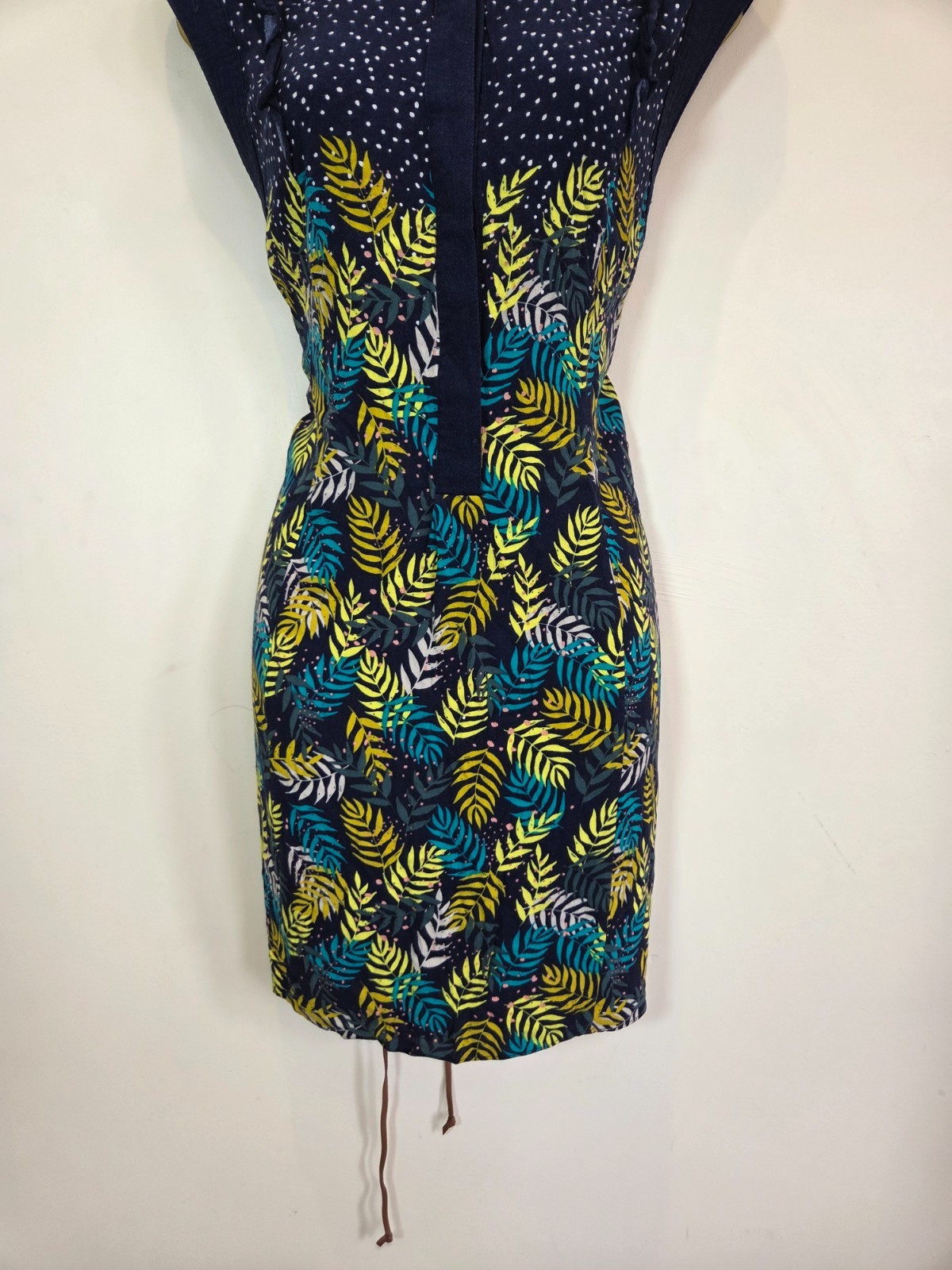 White Stuff Size 14 Navy Blue Gold Sleeveless Belt Leaf Print Autumn Tunic Dress