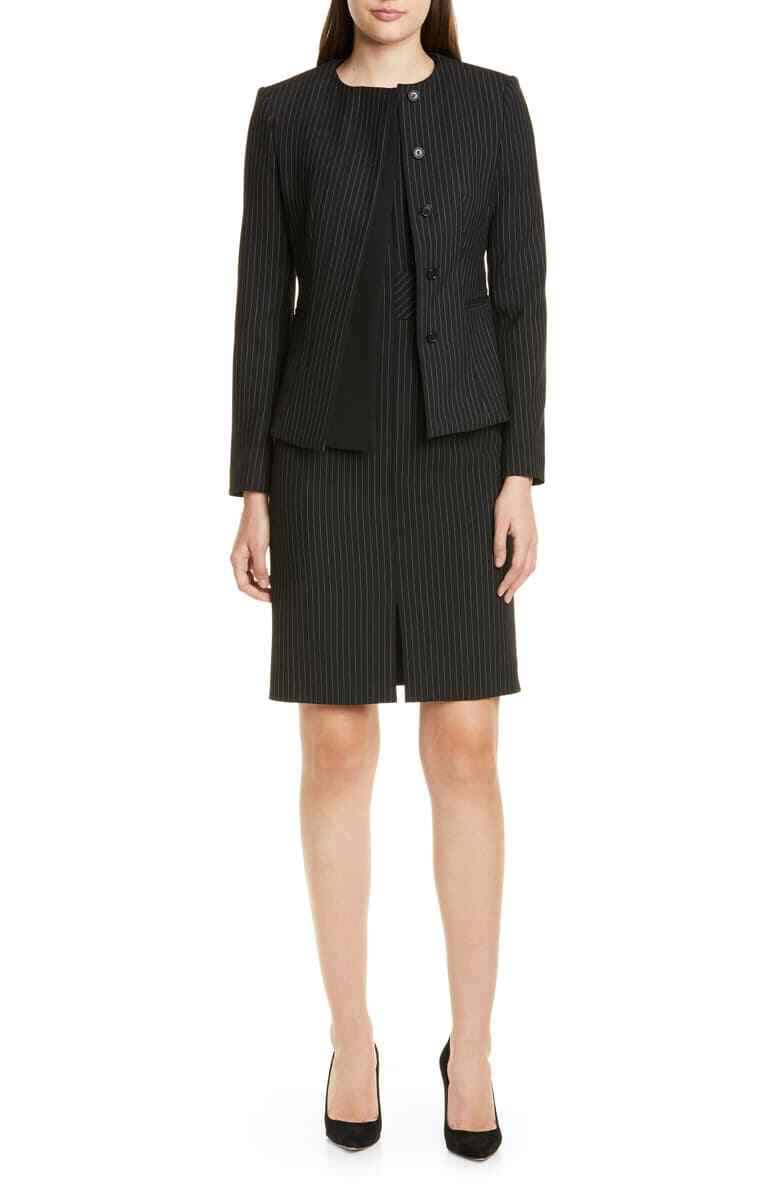 HUGO BOSS DEDORI PINSTRIPE PONTE SHEATH DRESS sz 14 US/ 18 UK