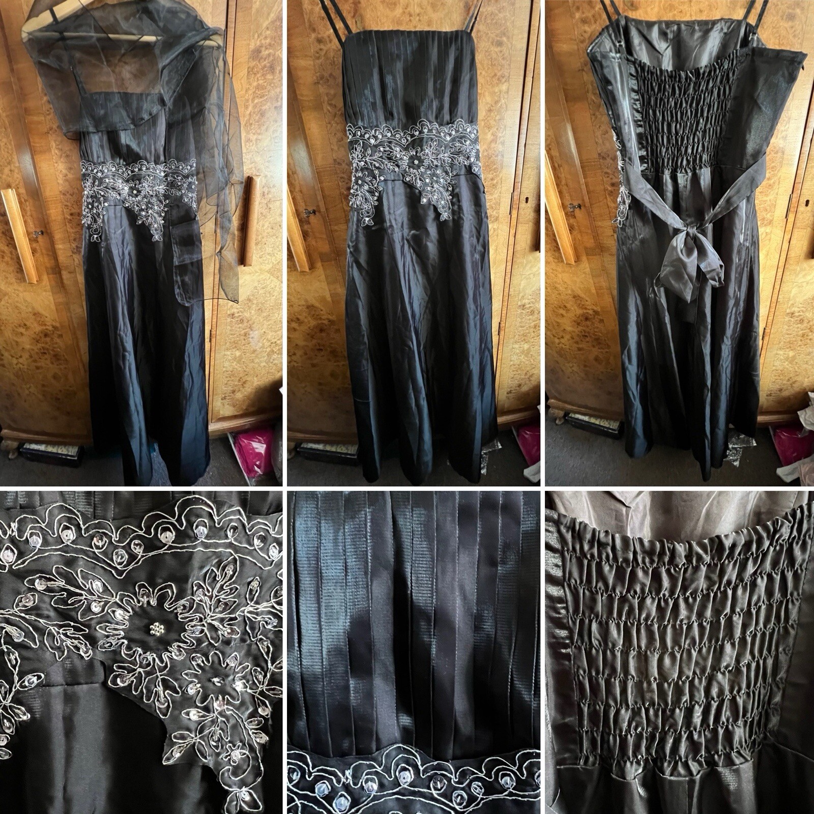 Black Ballgown Prom Bride Wedding Dress Formal Silver Sequins Beads Pleated