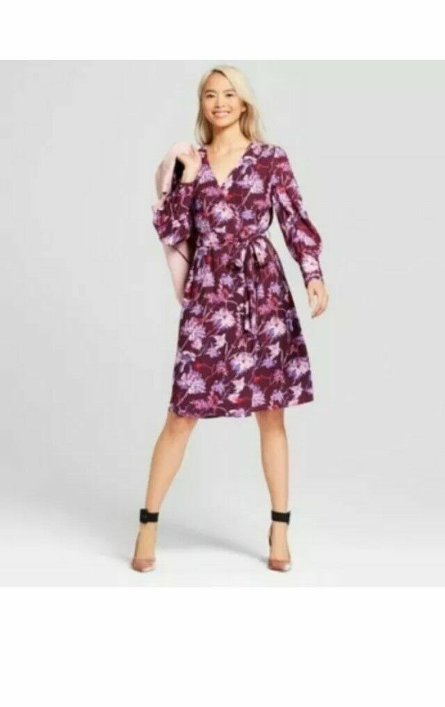 Womens Purple Floral Dress V-Neck Long Sleeve Wrap Belted Sz XS Who What Wear