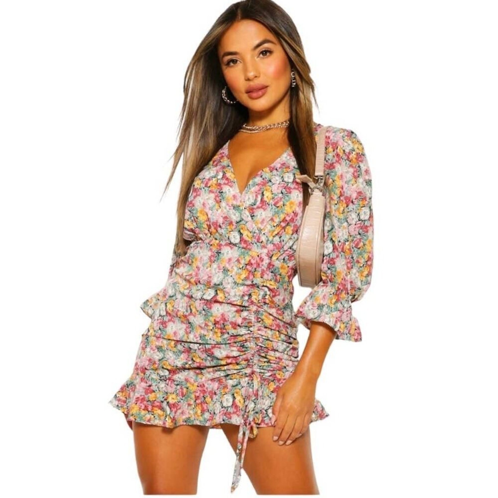 NWT Boohoo Petite Long Sleeve Floral Ruched Wrap Dress, Size 4 Woven Mini