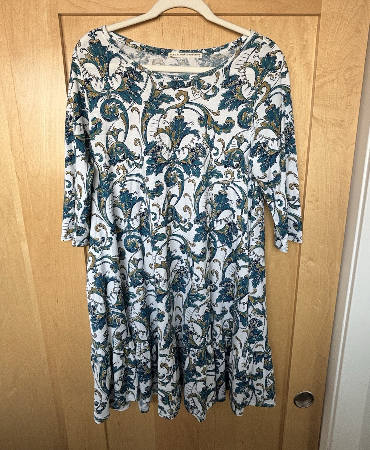Peruvian Connection Dress Womens M White/Blue/Green Floral