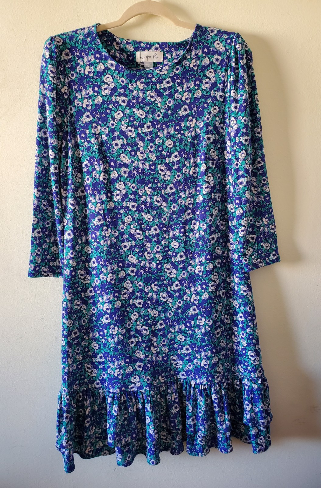 Harper Rose Women’s L Shift Dress 3/4 Sleeve Ruffled Hem Floral Blue/Multicolor