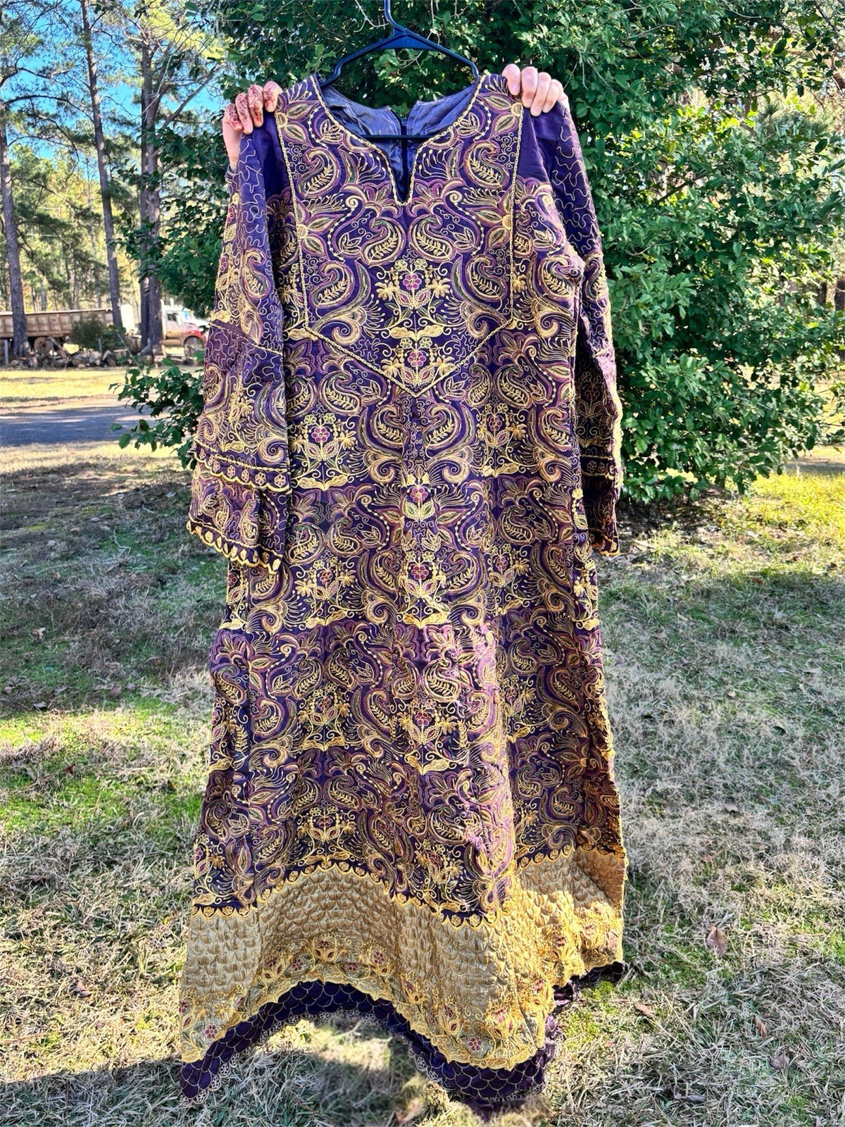Purple Gold Embroidered Kaftan Dress Jalabiya Maxi Thobe Bell Sleeve sz M