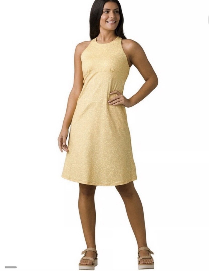 Prana Jewel Lake Dress High Neck Built in Bra Yellow Dots Size Small