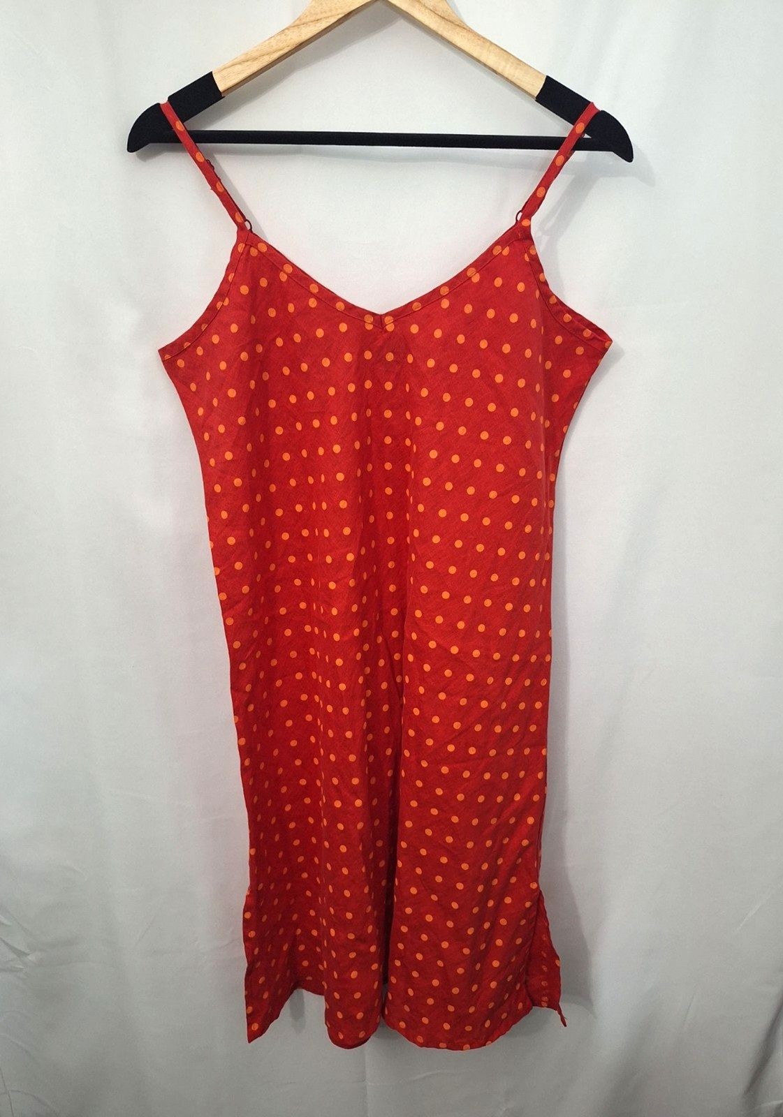 FLAX Polka Dot Linen Slip Dress Sz M Spaghetti Strap V-Neck Coastal Summer Boho