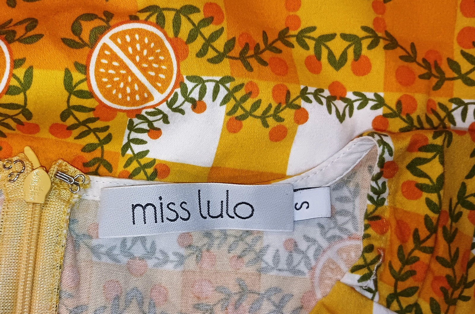 Miss Lulo Size: S, Dress, Plaid Orange, white, Green Vines, Fitted Flaired skirt