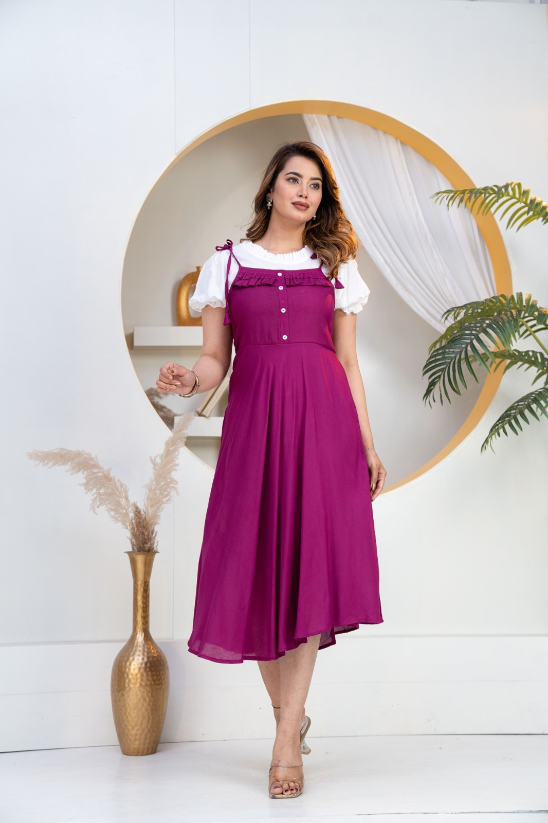 Women’s Dungaree Midi Dress, White Puff Sleeve, Layered Rayon Outfit
