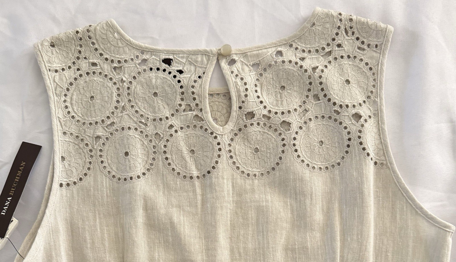 DANA BUCHMAN Cream Linen Blend Crochet Sleeveless Shift Dress Boho Coastal Sz 16