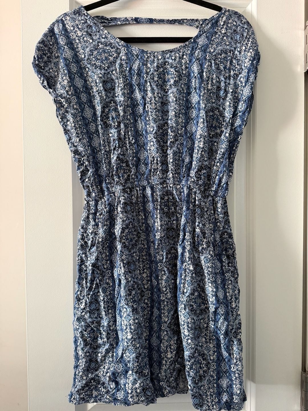 Blue Paisley Print Rayon Sleeveless Dress with Pockets