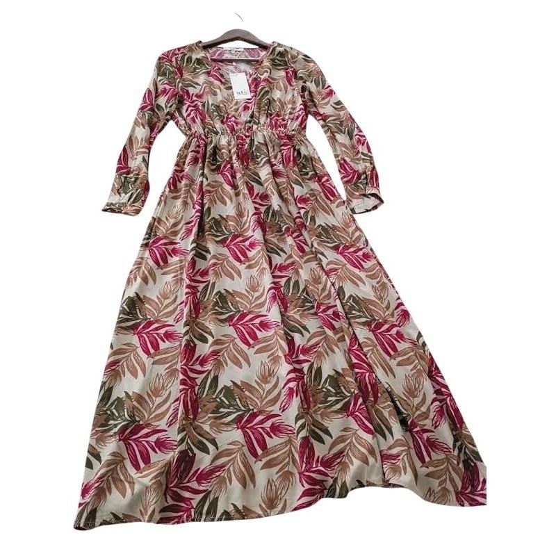 Parisian NWT Tropical Leaf Maxi Dress S 100% Cotton Pink Green Long Slv $158