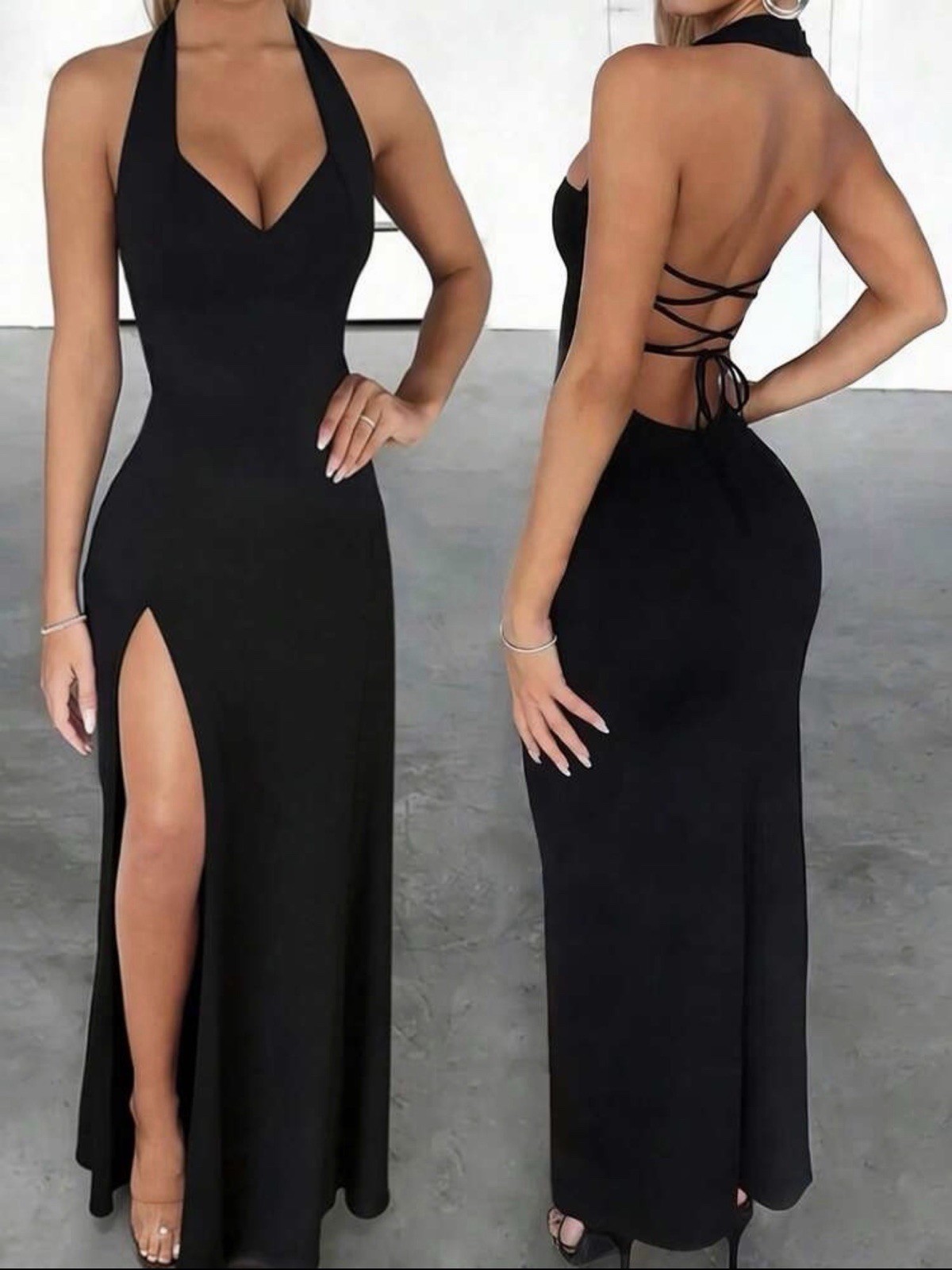 Women’s Black Halter Maxi Dress Open Back High Slit Evening Gown