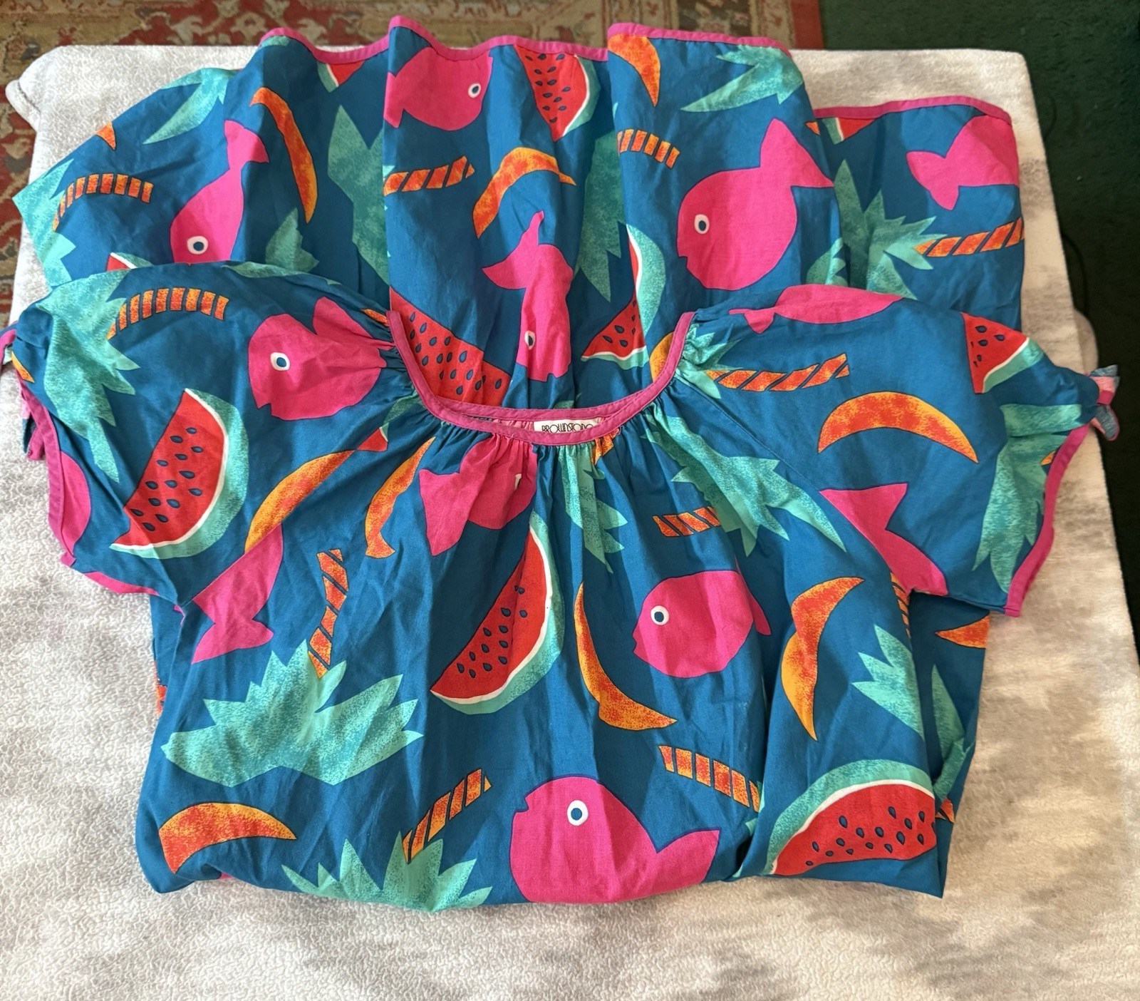 VTG Brownstone Studio Oversized House Dress Mumu Beach Cover Sz S Fish Ruffled