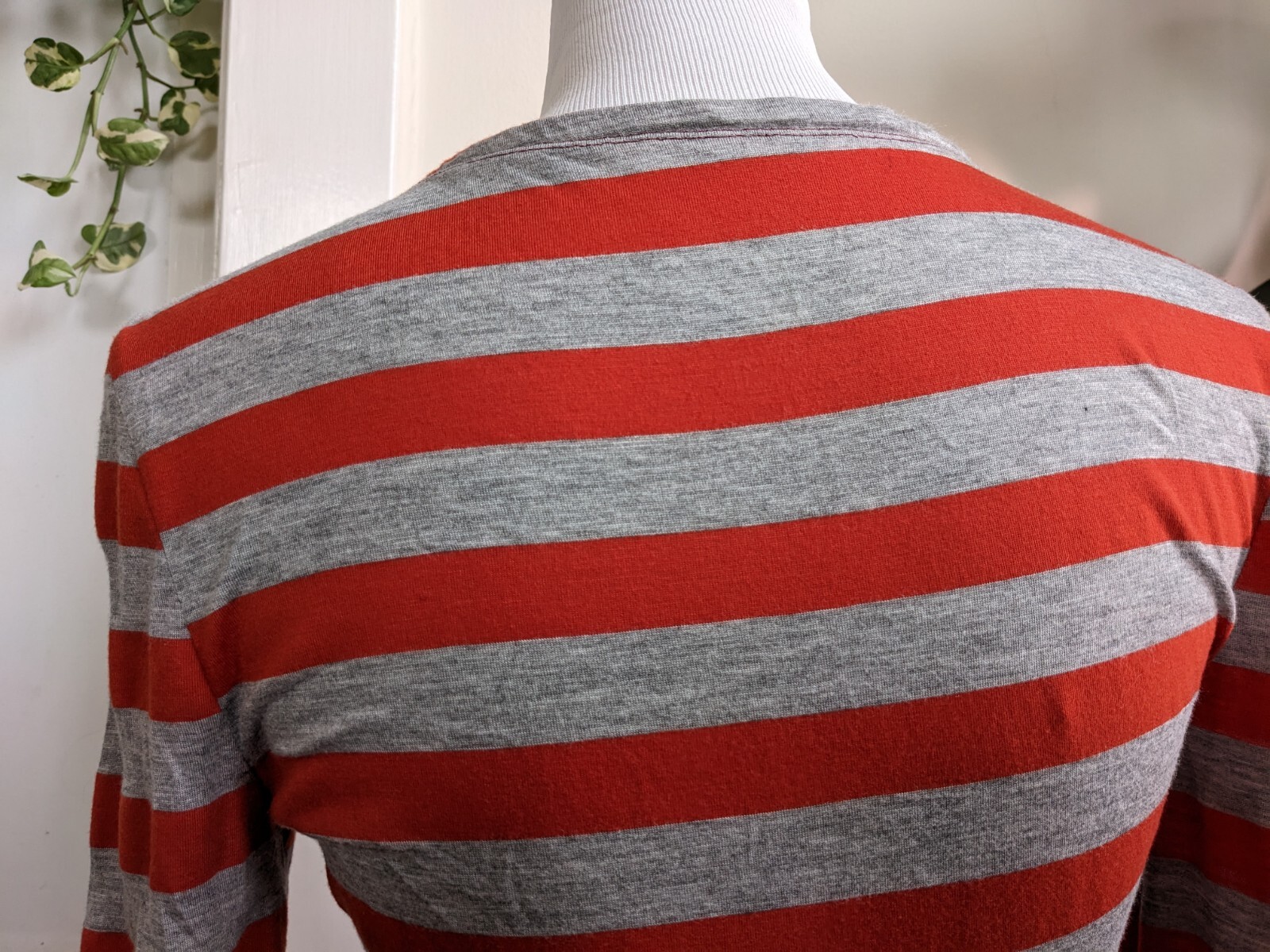 bright red / heather gray striped gathered bust long sleeve rayon dress knit