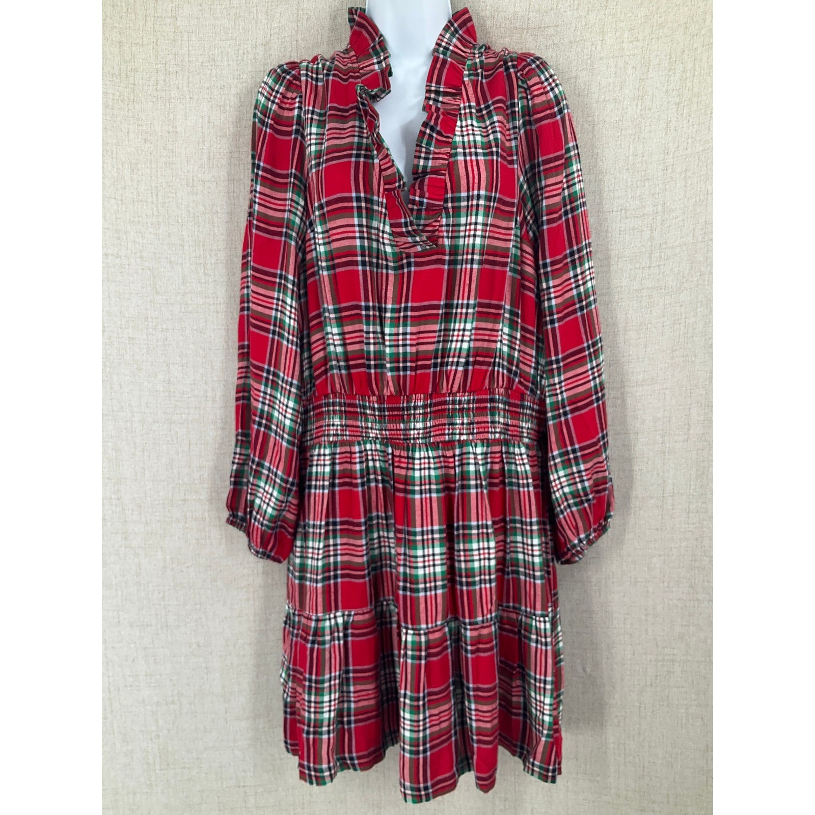 Crown & Ivy Plaid Dress Womens Large Red Ruffle Smocked Tiered Holiday