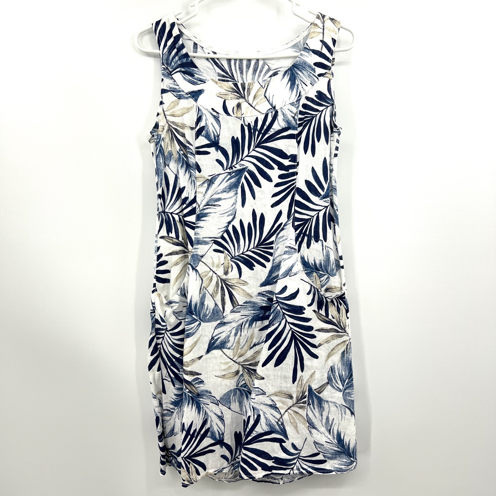 Italian 100% Linen Floral White Blue Sleeveless Dress Women’s Medium