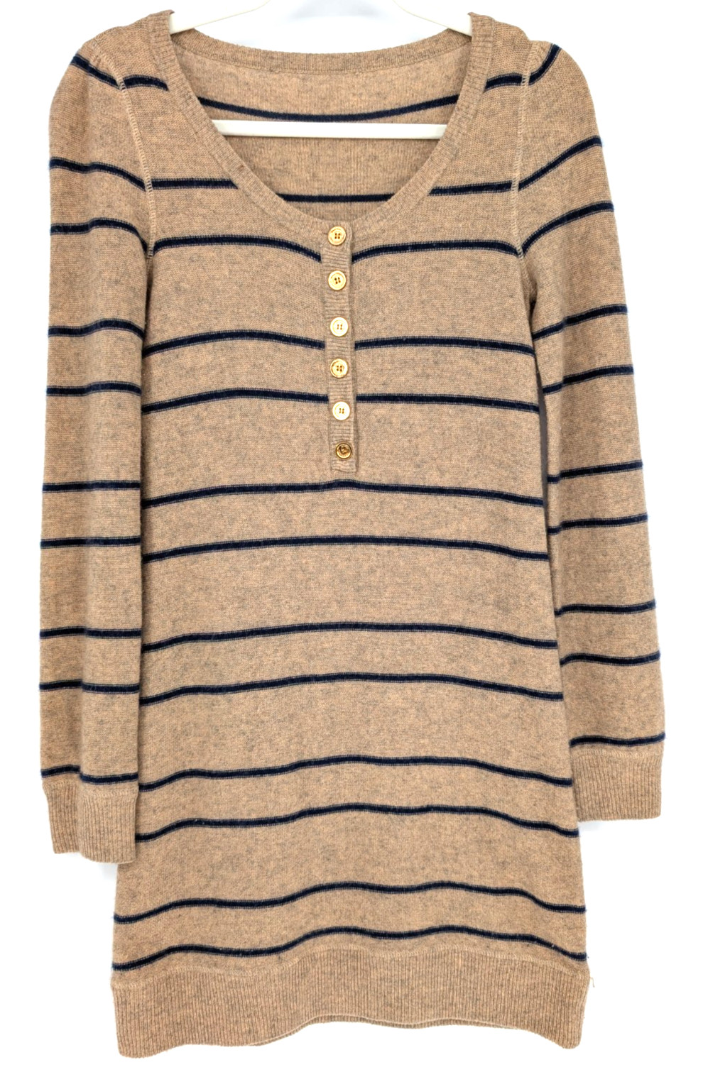 Juicy Couture Cashmere Blend Tan Navy Stripe Henley Sweater Dress SML Preppy Y2K