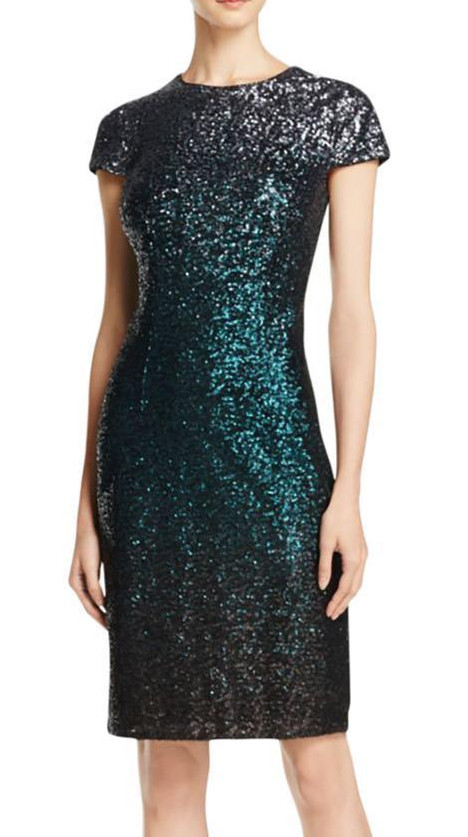 CARMEN MARC VALVO ~ Silver Teal Navy Ombre Sequins Sheath Dress 6 NEW $360