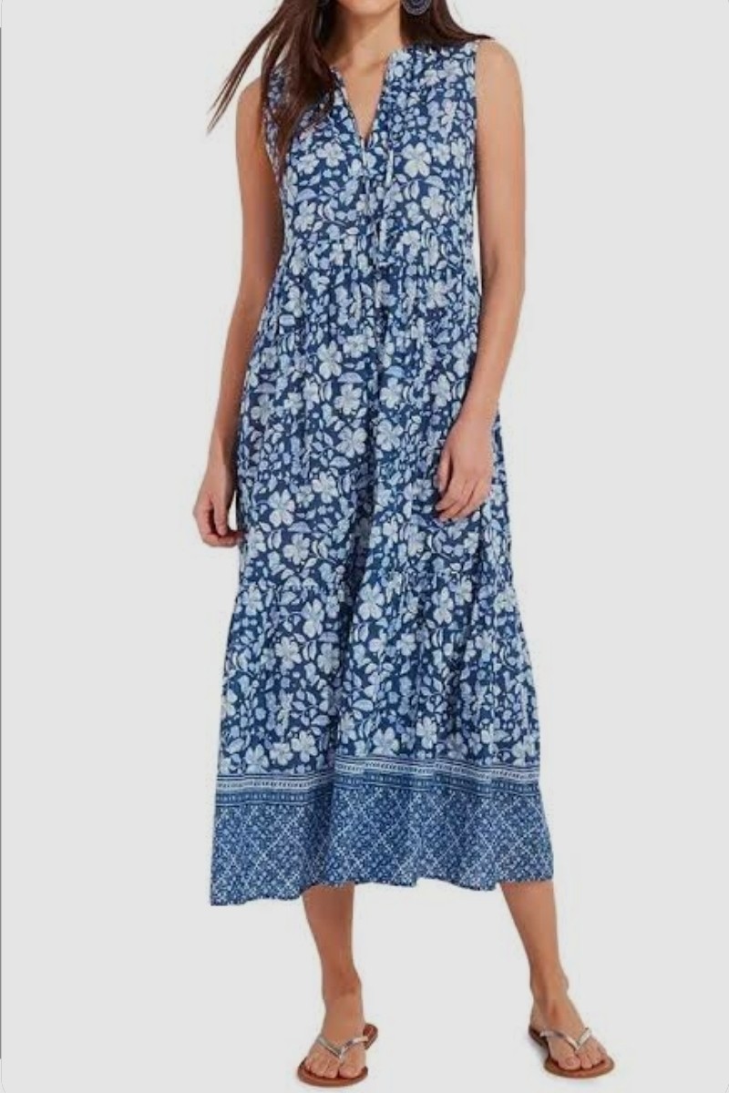 Vineyard Vines Maxi Dress Sz XL Long Tiered Sundress Blu Wht Floral Hibiscus NWT