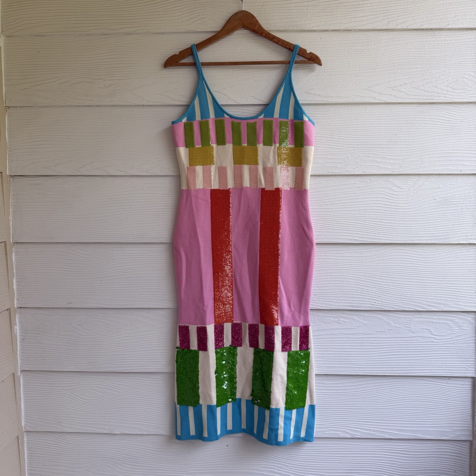 Queen Of Sparkles Colorblock Sequined Stripe Knit Midi Dress Size S Beaded