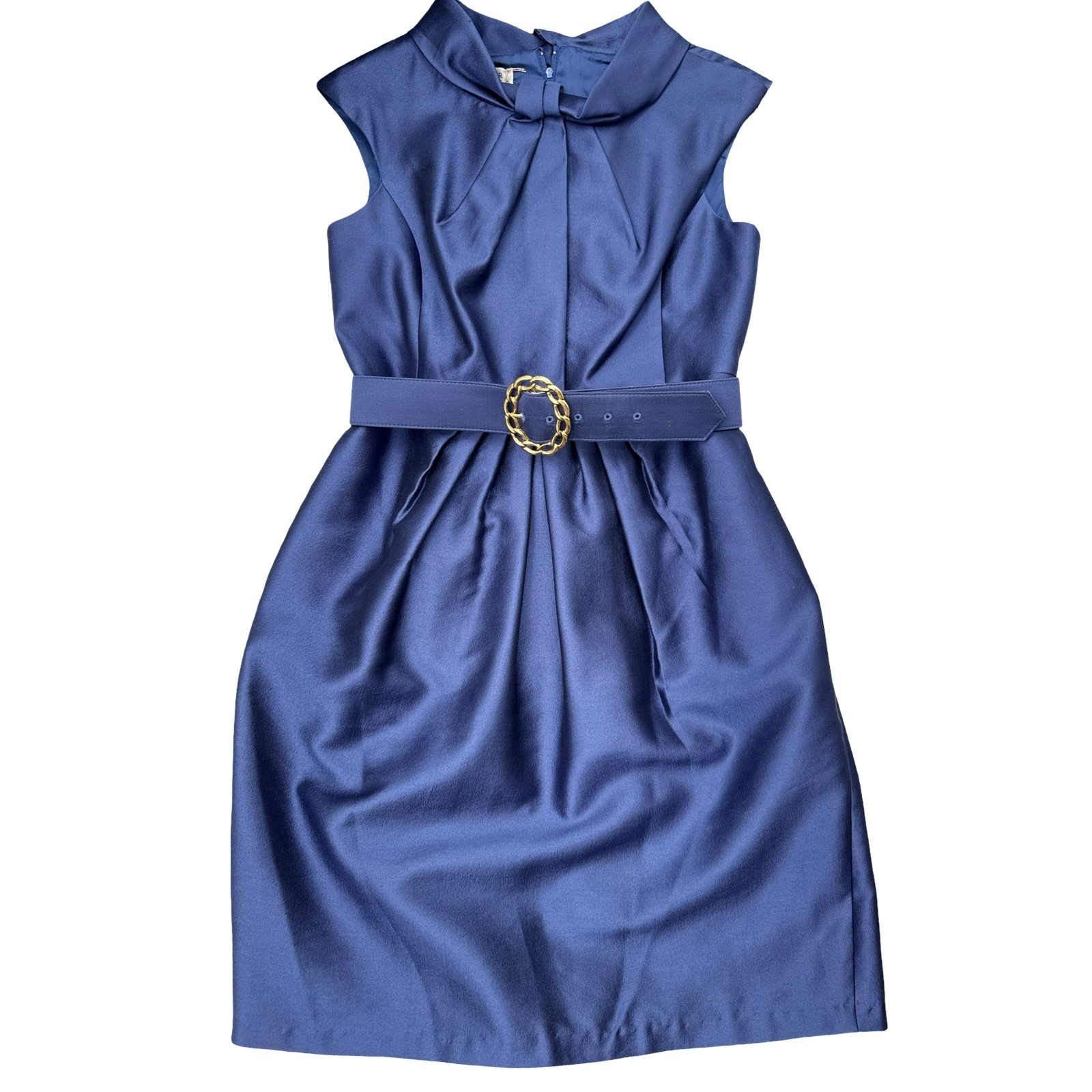 Kay Unger Silk Wool Sheath Dress Cobalt Blue Portrait Collar Belted Size 12 NWT